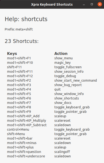 Xpra Keyboard Shortcuts Window in Ubuntu 20.04 The Xpra Keyboard Shortcuts window as of v5.0.5-r27 in Ubuntu 20.04